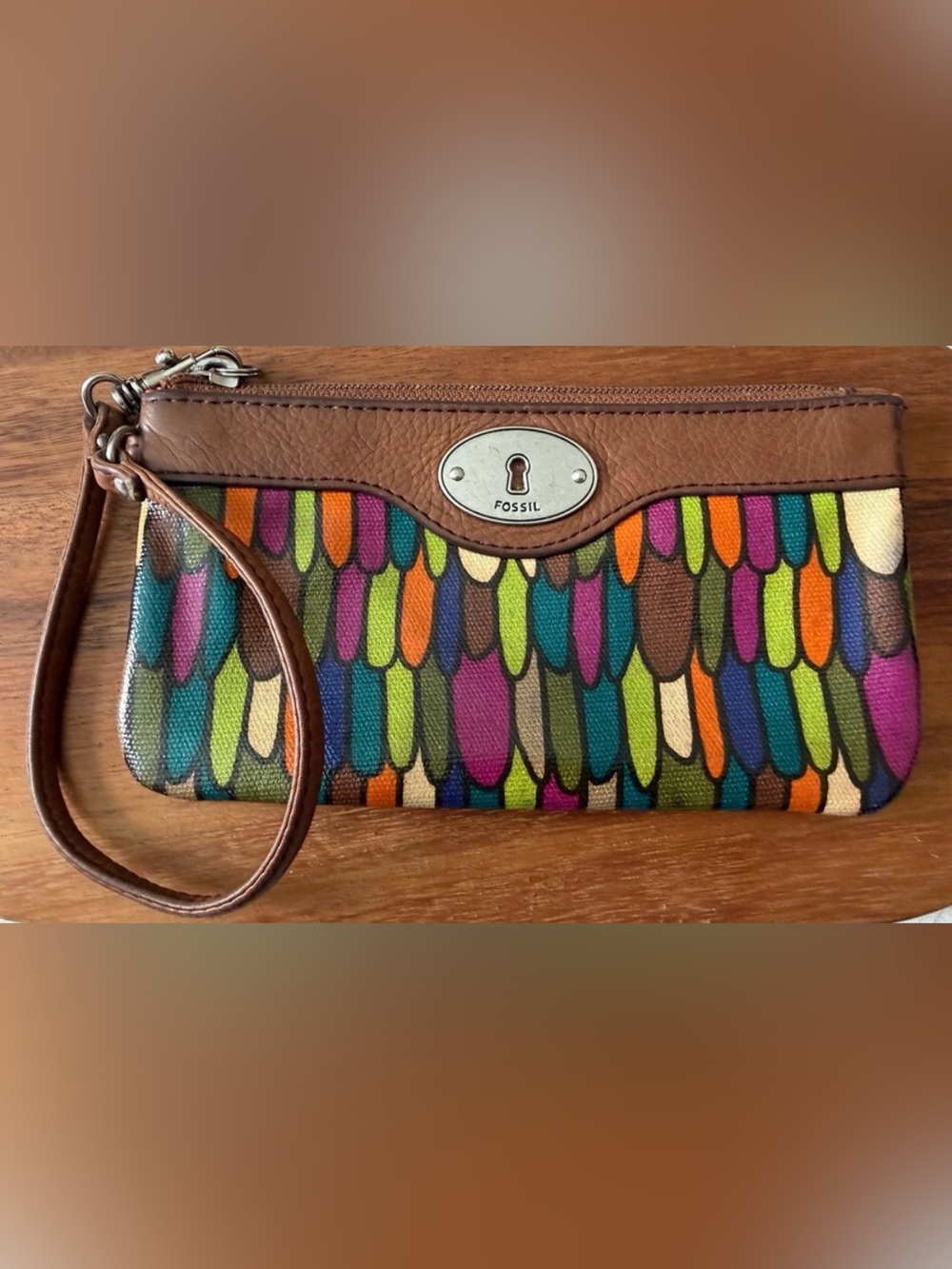 Y2K Fossil Colorful Feather Pattern Wristlet Clutch Wallet Key-Per